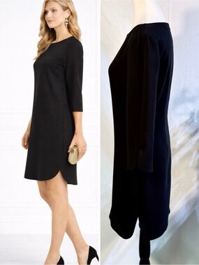 Eliza J Black Curved Hem Shift Dress 3/4 Sleeve Minimal Chic LBD Size 8💚